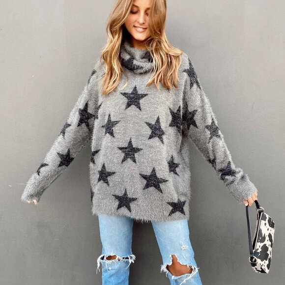 Show Me Your Mumu | Fatima Star Turtleneck Sweater Smokey Gray  Eyelash Knit Top - Picture 1 of 14